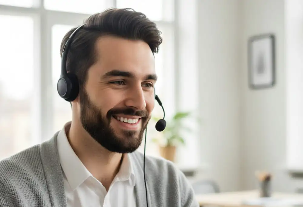 Homem com headset atendendo clientes